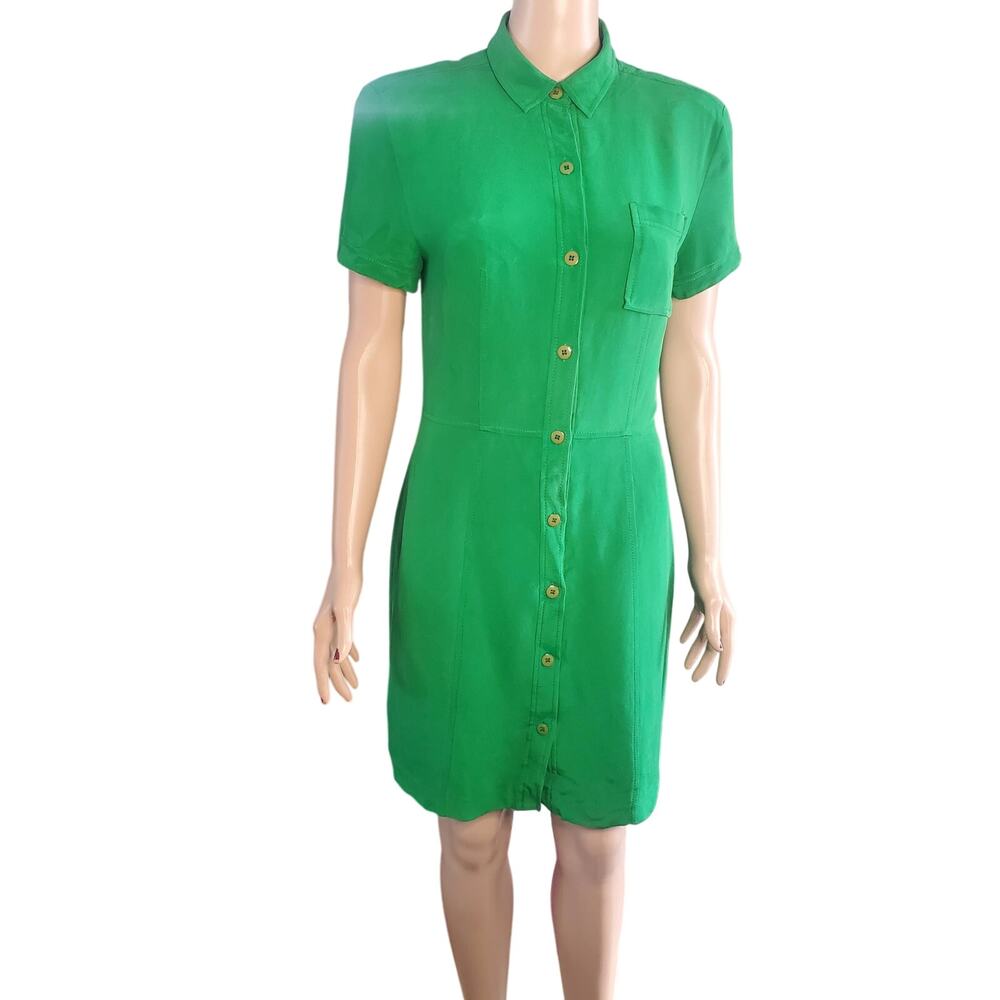 Vintage City Silk Size 8 Kelly Green Silk Shirt MIni Dress Pocket Minimalist 80s